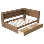 Lit d'angle pleine grandeur avec tiroirs de rangement, bibliothèque, cadre de lit de repos en bois en forme de L avec tête de lit bibliothèque pour salon