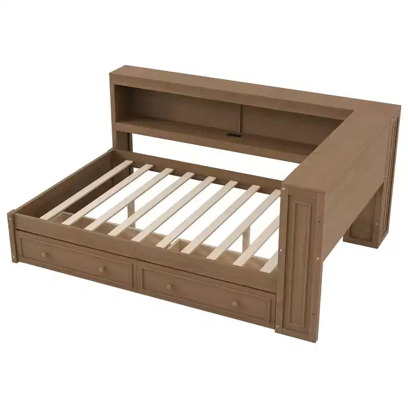 Lit d'angle pleine grandeur avec tiroirs de rangement, bibliothèque, cadre de lit de repos en bois en forme de L avec tête de lit bibliothèque pour salon