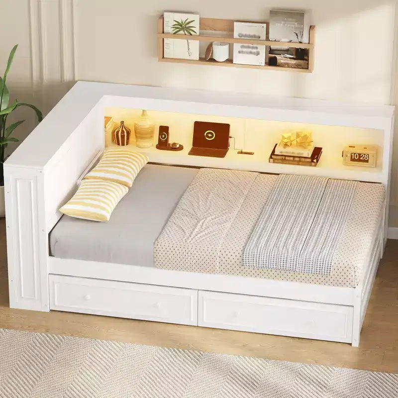 Lit d'angle pleine grandeur avec tiroirs de rangement, bibliothèque, cadre de lit de repos en bois en forme de L avec tête de lit bibliothèque pour salon