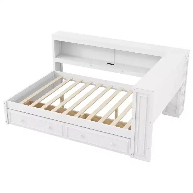 Lit d'angle pleine grandeur avec tiroirs de rangement, bibliothèque, cadre de lit de repos en bois en forme de L avec tête de lit bibliothèque pour salon