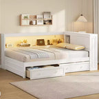 Full Size Corner Bed with Storage Drawers, Bookcase, L Shaped Wood Day Bed Frame with Bookcase Headboard for Living Room