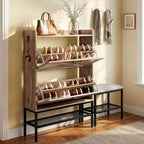 Karl Home 47 W Barn Door Flip Shoe Cabinet with Mesh Metal Legs Padded Bench