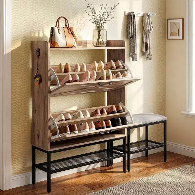 Karl Home 47 W Barn Door Flip Shoe Cabinet with Mesh Metal Legs Padded Bench