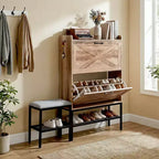 Meuble à chaussures Karl Home 47 W avec porte de grange, pieds en métal maillé et banc rembourré