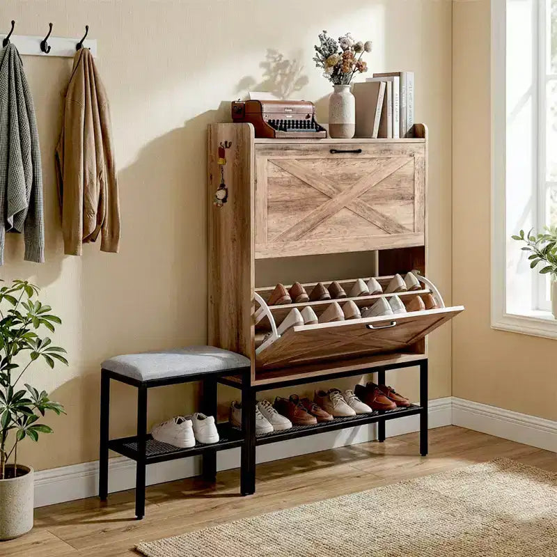 Meuble à chaussures Karl Home 47 W avec porte de grange, pieds en métal maillé et banc rembourré