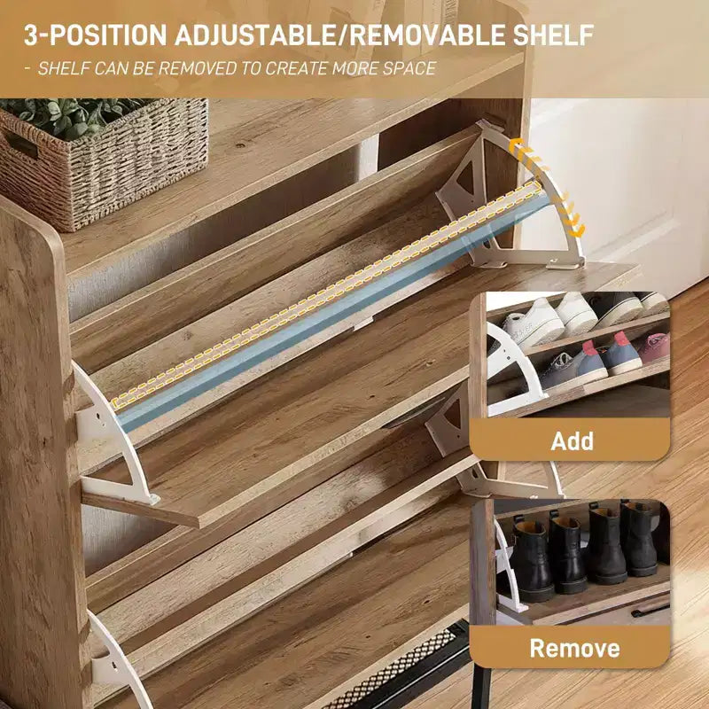 Meuble à chaussures Karl Home 47 W avec porte de grange, pieds en métal maillé et banc rembourré