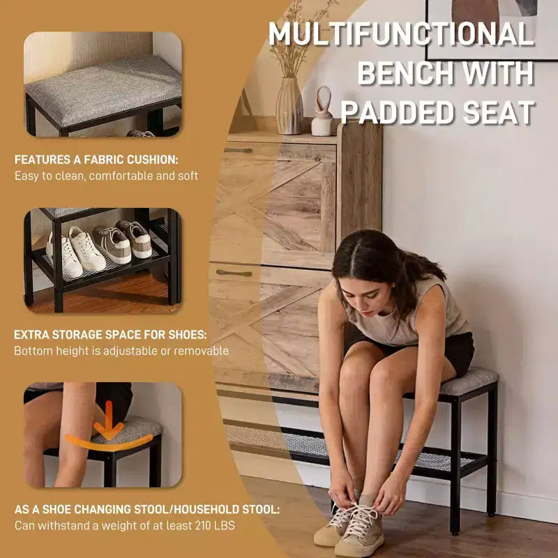 Meuble à chaussures Karl Home 47 W avec porte de grange, pieds en métal maillé et banc rembourré
