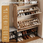 Meuble à chaussures Karl Home 47 W avec porte de grange, pieds en métal maillé et banc rembourré