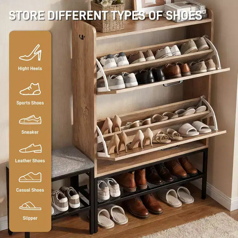 Meuble à chaussures Karl Home 47 W avec porte de grange, pieds en métal maillé et banc rembourré
