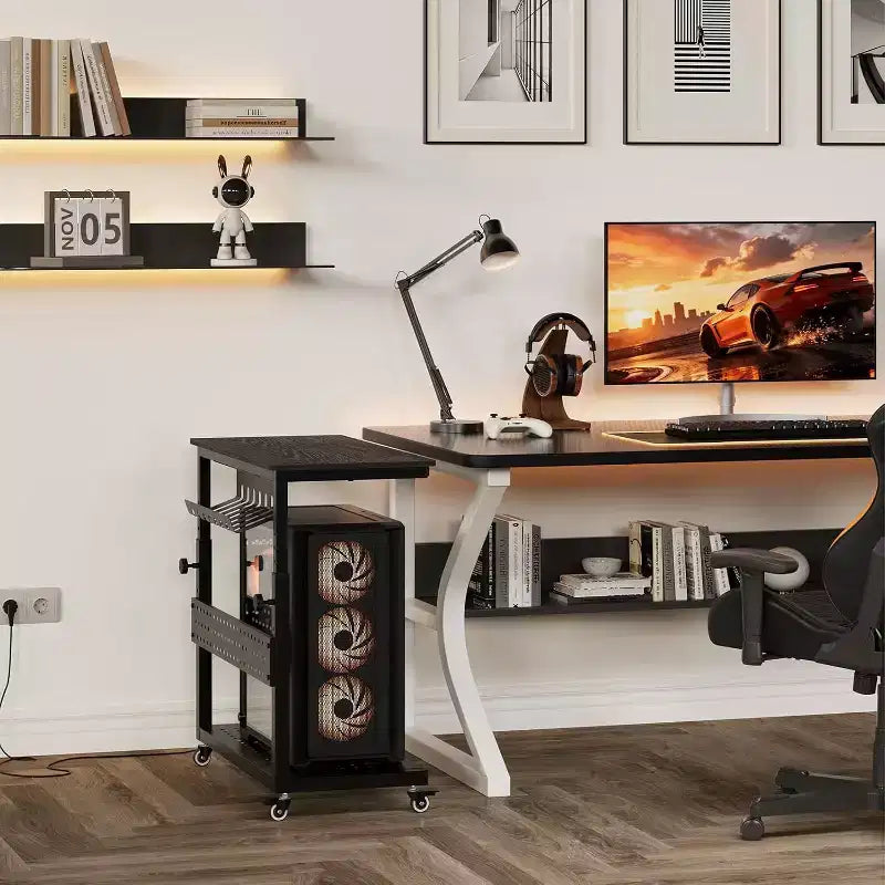 Chariot d'ordinateur réglable à 2 niveaux avec roulettes, support de tour CPU mobile avec gestion des câbles et crochets, table d'appoint compacte pour jeux ou bureau à domicile