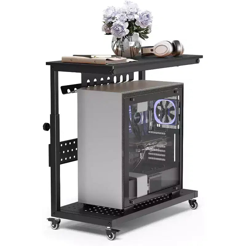 Chariot d'ordinateur réglable à 2 niveaux avec roulettes, support de tour CPU mobile avec gestion des câbles et crochets, table d'appoint compacte pour jeux ou bureau à domicile