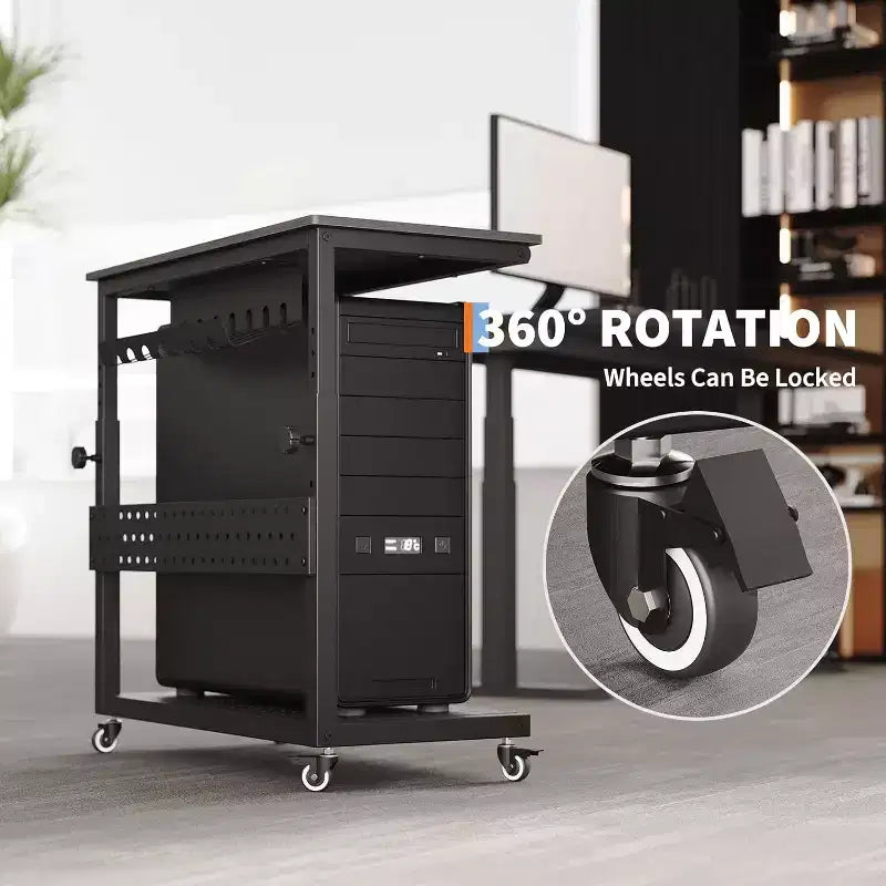Chariot d'ordinateur réglable à 2 niveaux avec roulettes, support de tour CPU mobile avec gestion des câbles et crochets, table d'appoint compacte pour jeux ou bureau à domicile