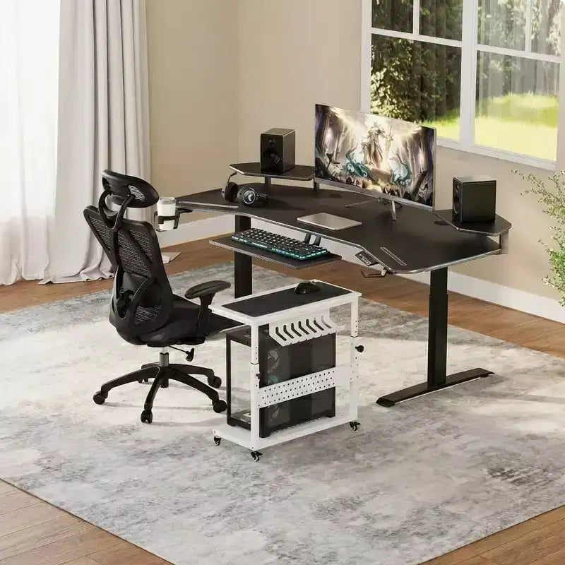 Chariot d'ordinateur réglable à 2 niveaux avec roulettes, support de tour CPU mobile avec gestion des câbles et crochets, table d'appoint compacte pour jeux ou bureau à domicile