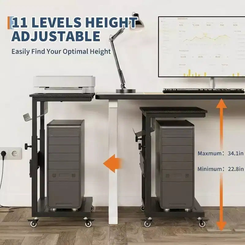 Chariot d'ordinateur réglable à 2 niveaux avec roulettes, support de tour CPU mobile avec gestion des câbles et crochets, table d'appoint compacte pour jeux ou bureau à domicile