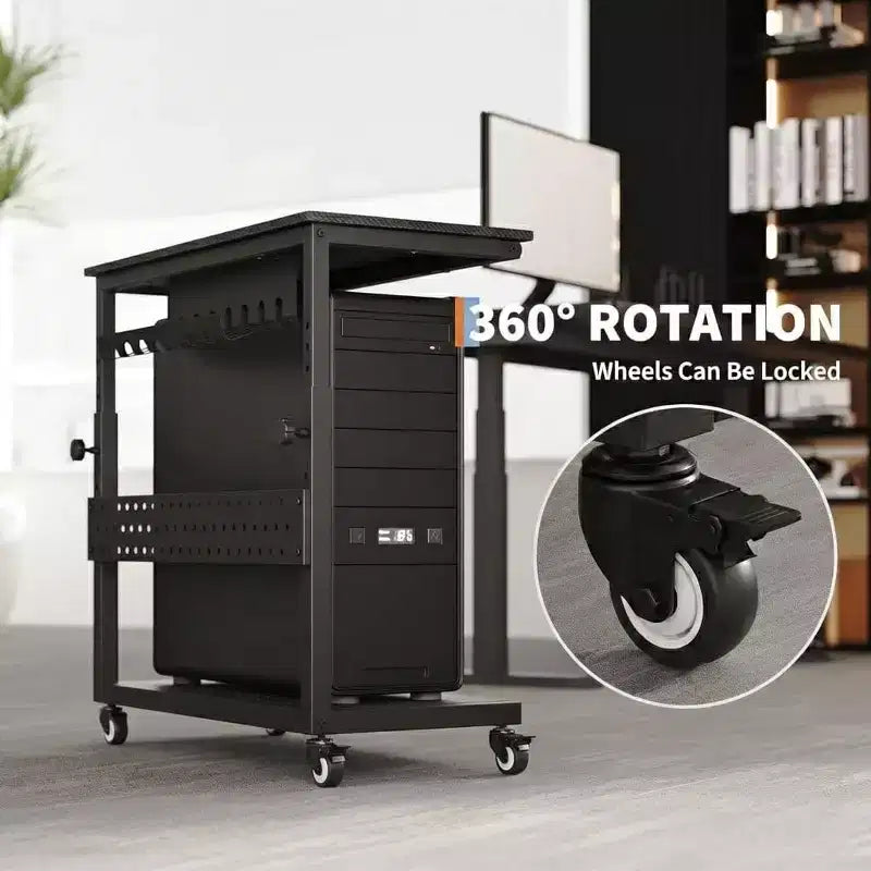 Chariot d'ordinateur réglable à 2 niveaux avec roulettes, support de tour CPU mobile avec gestion des câbles et crochets, table d'appoint compacte pour jeux ou bureau à domicile