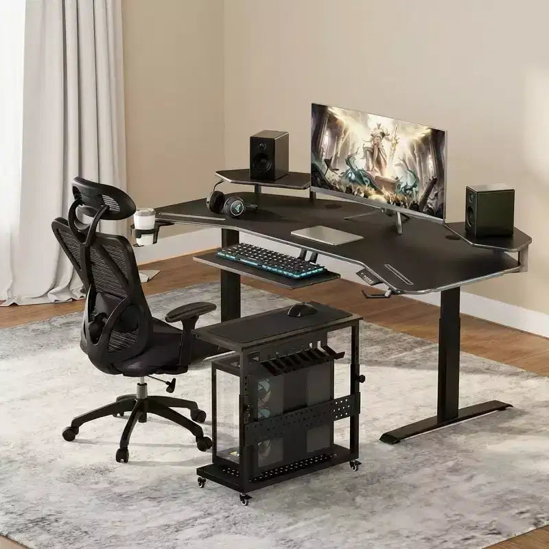 Chariot d'ordinateur réglable à 2 niveaux avec roulettes, support de tour CPU mobile avec gestion des câbles et crochets, table d'appoint compacte pour jeux ou bureau à domicile