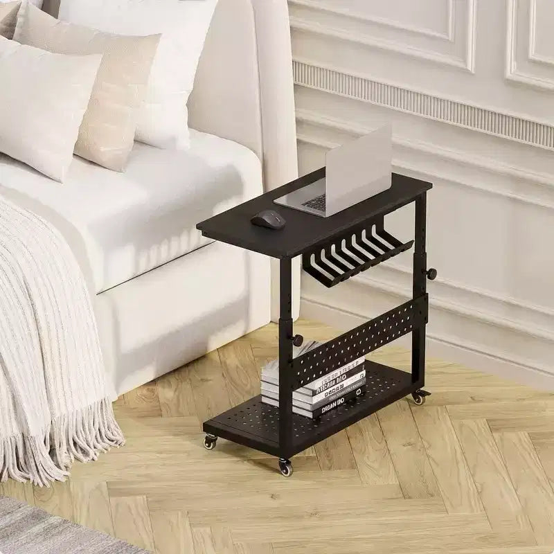 Chariot d'ordinateur réglable à 2 niveaux avec roulettes, support de tour CPU mobile avec gestion des câbles et crochets, table d'appoint compacte pour jeux ou bureau à domicile