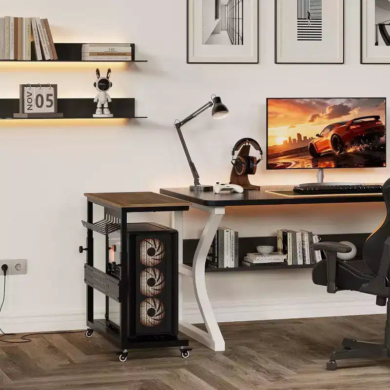 Chariot d'ordinateur réglable à 2 niveaux avec roulettes, support de tour CPU mobile avec gestion des câbles et crochets, table d'appoint compacte pour jeux ou bureau à domicile