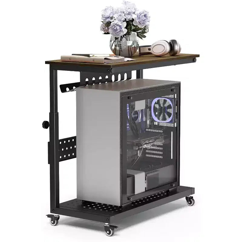 Chariot d'ordinateur réglable à 2 niveaux avec roulettes, support de tour CPU mobile avec gestion des câbles et crochets, table d'appoint compacte pour jeux ou bureau à domicile