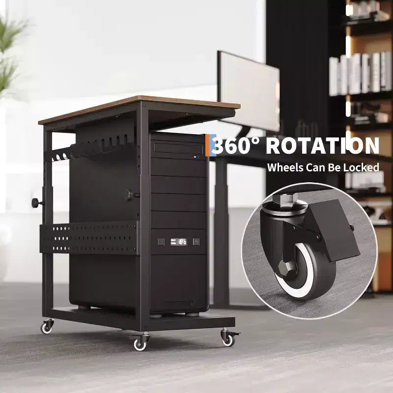 Chariot d'ordinateur réglable à 2 niveaux avec roulettes, support de tour CPU mobile avec gestion des câbles et crochets, table d'appoint compacte pour jeux ou bureau à domicile