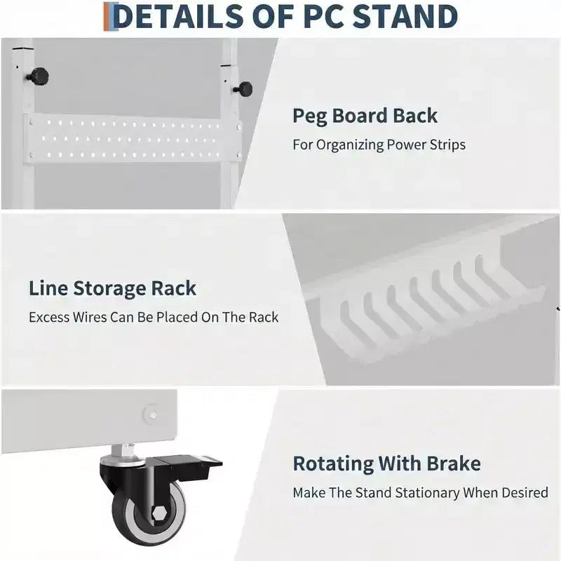 Chariot d'ordinateur réglable à 2 niveaux avec roulettes, support de tour CPU mobile avec gestion des câbles et crochets, table d'appoint compacte pour jeux ou bureau à domicile