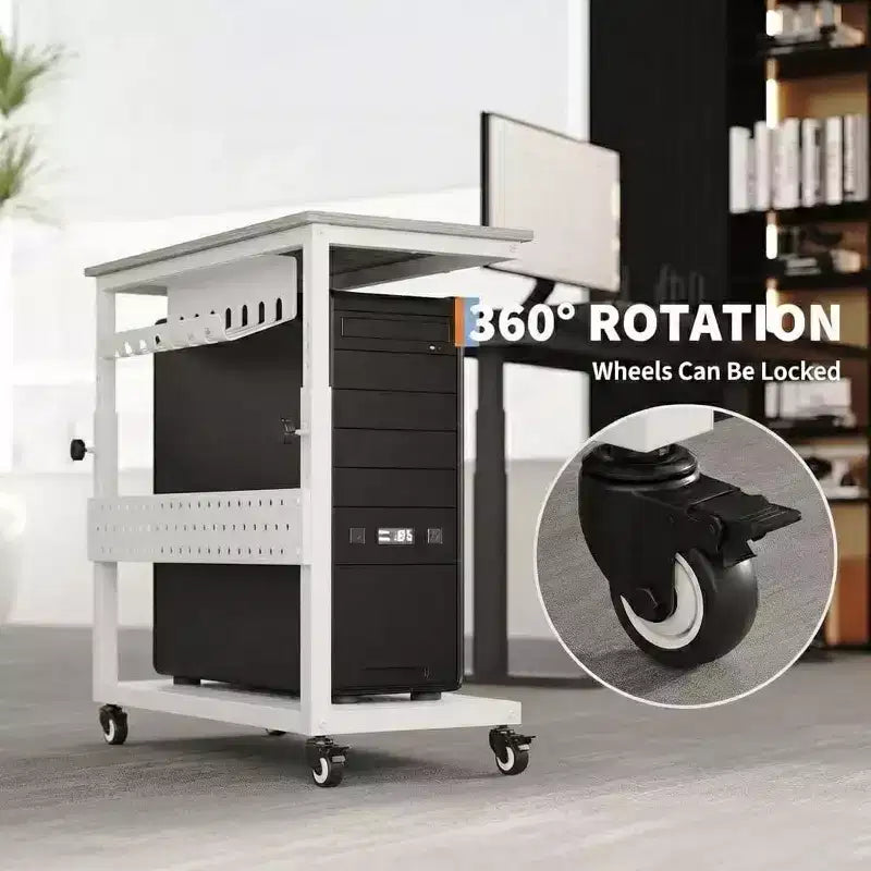 Chariot d'ordinateur réglable à 2 niveaux avec roulettes, support de tour CPU mobile avec gestion des câbles et crochets, table d'appoint compacte pour jeux ou bureau à domicile