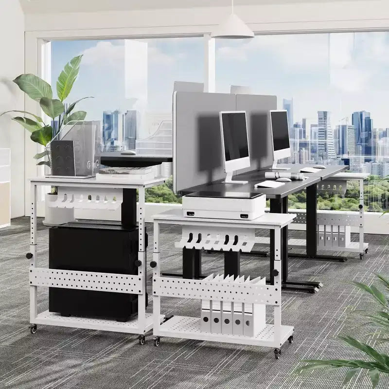 Chariot d'ordinateur réglable à 2 niveaux avec roulettes, support de tour CPU mobile avec gestion des câbles et crochets, table d'appoint compacte pour jeux ou bureau à domicile