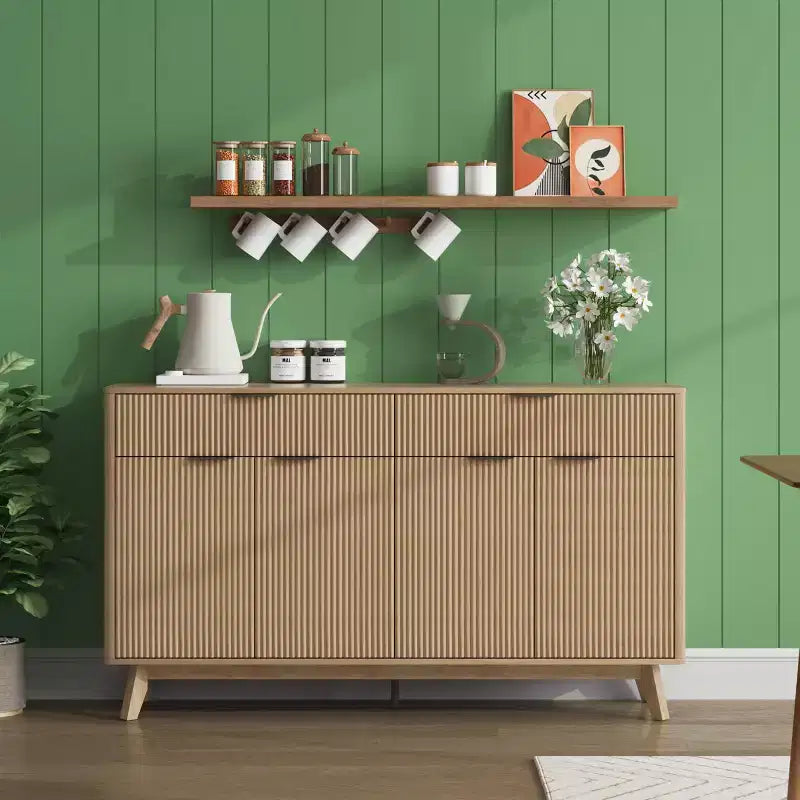 Buffet cannelé de 60 pouces avec 2 tiroirs et 4 portes, Buffet moderne avec rangement pour salle à manger, salon, entrée