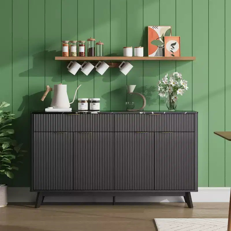 Buffet cannelé de 60 pouces avec 2 tiroirs et 4 portes, Buffet moderne avec rangement pour salle à manger, salon, entrée
