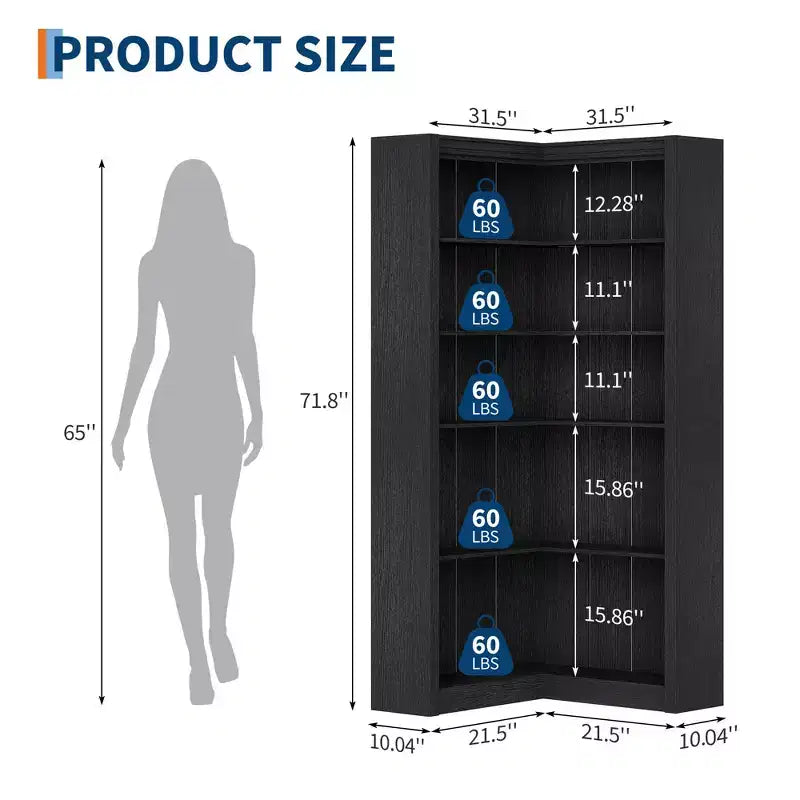 Étagère d'angle haute de 182,4 cm, grande bibliothèque à 5 niveaux en forme de L avec kit anti-basculement, rangement peu encombrant pour la maison et le bureau
