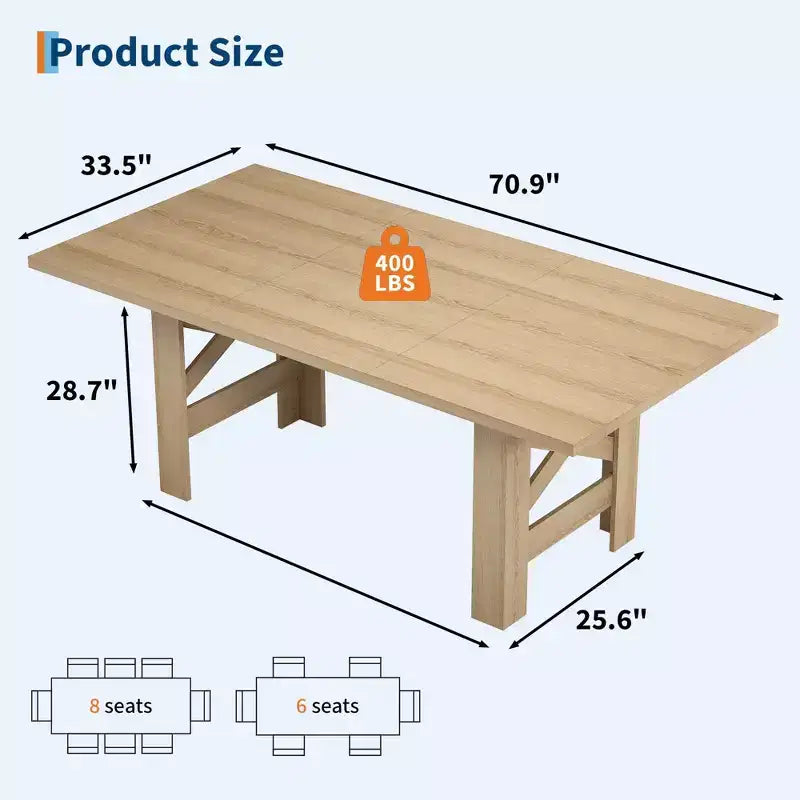 Table de salle à manger de ferme de 71 po pour 6 à 8 personnes, grande table de cuisine rectangulaire en bois avec base robuste et pieds triangulaires pour la maison et le bureau