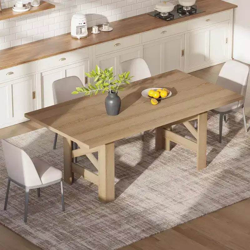 Table de salle à manger de ferme de 71 po pour 6 à 8 personnes, grande table de cuisine rectangulaire en bois avec base robuste et pieds triangulaires pour la maison et le bureau