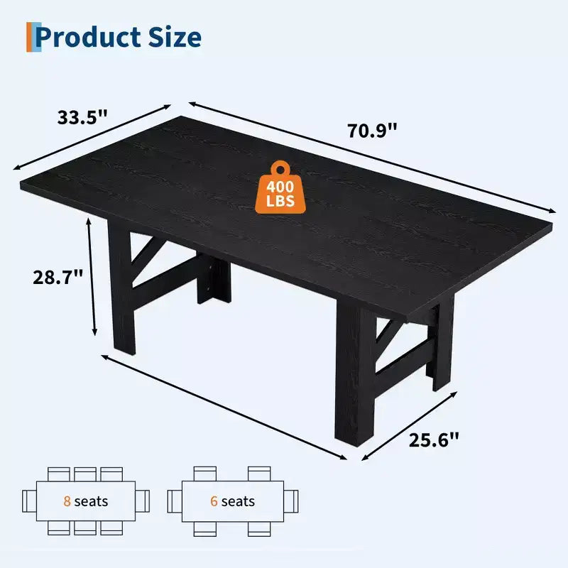 Table de salle à manger de ferme de 71 po pour 6 à 8 personnes, grande table de cuisine rectangulaire en bois avec base robuste et pieds triangulaires pour la maison et le bureau