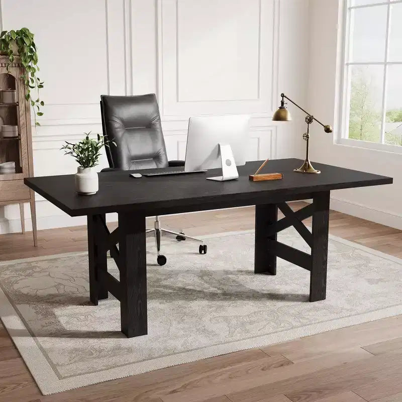 Table de salle à manger de ferme de 71 po pour 6 à 8 personnes, grande table de cuisine rectangulaire en bois avec base robuste et pieds triangulaires pour la maison et le bureau