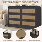 Commode à 6 tiroirs en rotin pour chambre à coucher, commode en bois de 117 cm de large, meuble TV, organisateur de rangement pour vêtements pour salon, noir
