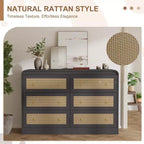 Commode à 6 tiroirs en rotin pour chambre à coucher, commode en bois de 117 cm de large, meuble TV, organisateur de rangement pour vêtements pour salon, noir