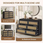 Commode à 6 tiroirs en rotin pour chambre à coucher, commode en bois de 117 cm de large, meuble TV, organisateur de rangement pour vêtements pour salon, noir