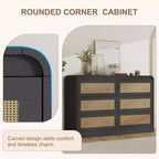 Commode à 6 tiroirs en rotin pour chambre à coucher, commode en bois de 117 cm de large, meuble TV, organisateur de rangement pour vêtements pour salon, noir