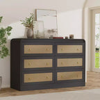 Rattan 6 Drawer Dresser for Bedroom, 46W Wooden Chest of Drawers, Dresser TV Stand, Clothing Storage Organizer for Living Room, Black