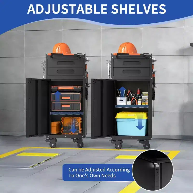 Meuble de rangement à roulettes étroit de 34,3 pouces, rangement de garage avec porte verrouillable et 2 tiroirs, organisateur en métal mince