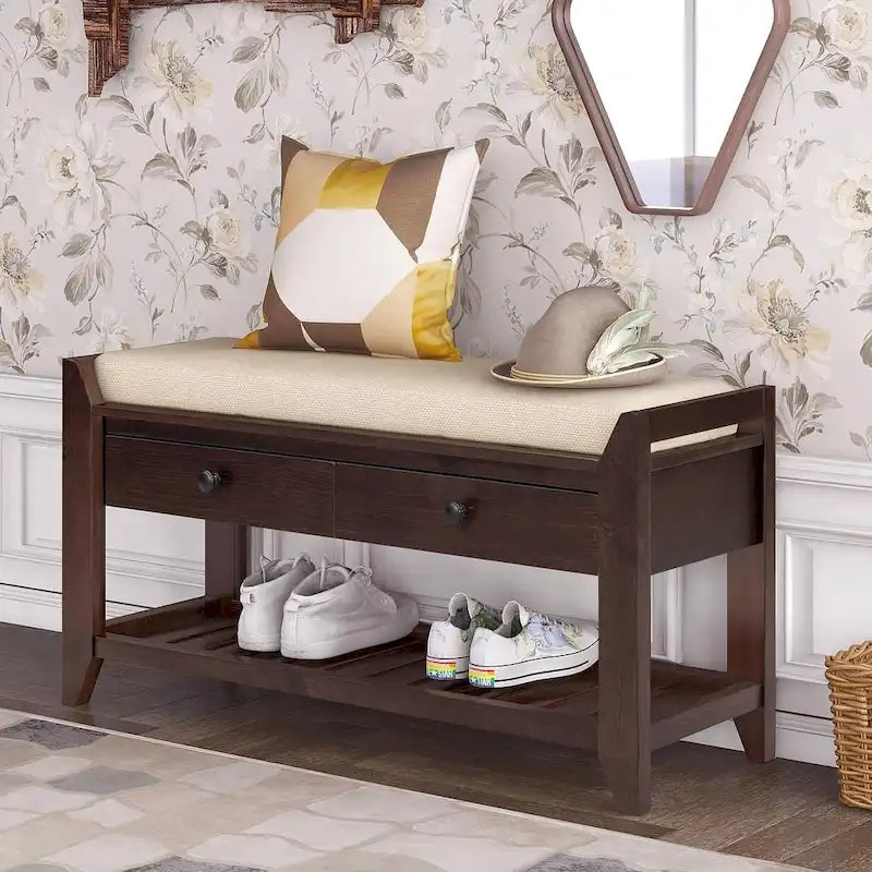 39-Inch Upholstered Storage Bench with 2 Drawers and Shoe Rack