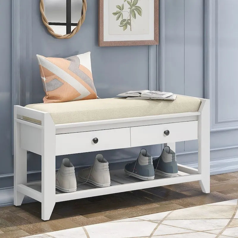 39-Inch Upholstered Storage Bench with 2 Drawers and Shoe Rack