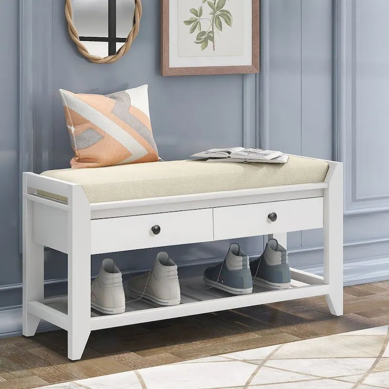 39-Inch Upholstered Storage Bench with 2 Drawers and Shoe Rack