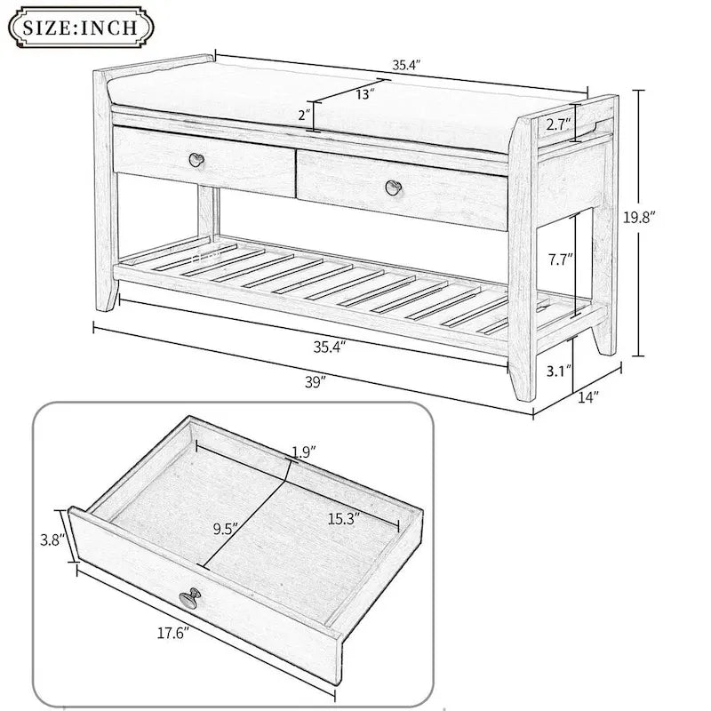 39-Inch Upholstered Storage Bench with 2 Drawers and Shoe Rack