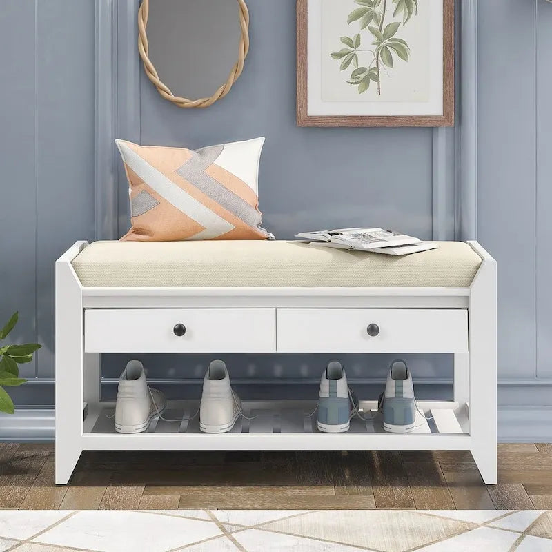 39-Inch Upholstered Storage Bench with 2 Drawers and Shoe Rack