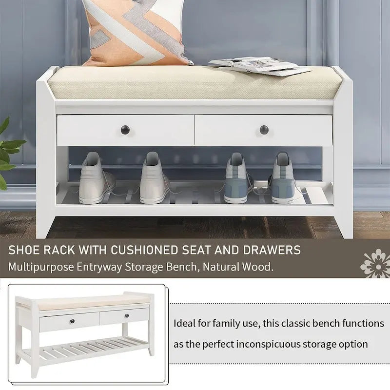 39-Inch Upholstered Storage Bench with 2 Drawers and Shoe Rack