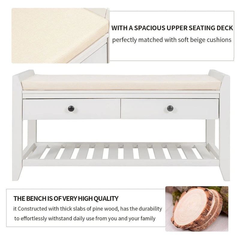 39-Inch Upholstered Storage Bench with 2 Drawers and Shoe Rack