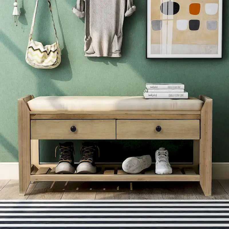 39-Inch Upholstered Storage Bench with 2 Drawers and Shoe Rack