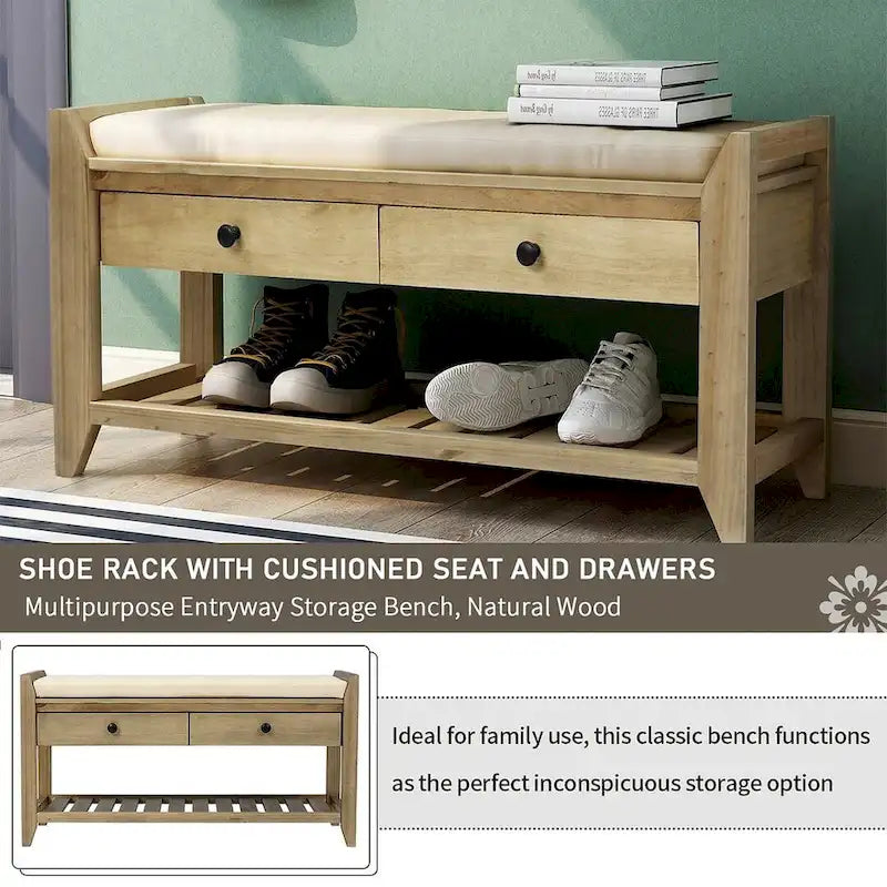 39-Inch Upholstered Storage Bench with 2 Drawers and Shoe Rack