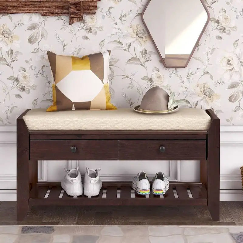 39-Inch Upholstered Storage Bench with 2 Drawers and Shoe Rack